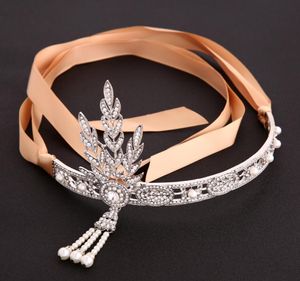 Fashion luxury designer vintage diamond leaves pearl tassel crown satin wedding bride headband hair jewelry The Great Gatsby same style