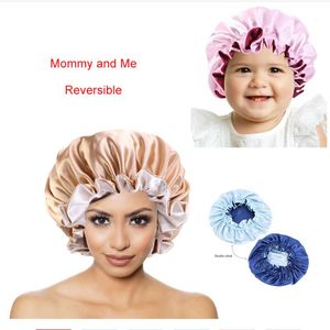 Мама и ребенок 2pcs устанавливают атласную капоту для вьющихся волос двойной слой шелковистый ночной крышка для сна, родители и детские шляпы укладки волос