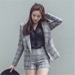 Cbafu Women 2 Piece Set Plaid Blazer Jacket Suit Coat Shorts Casual Office Floral Clothing Work Sets Spring D474 10A S