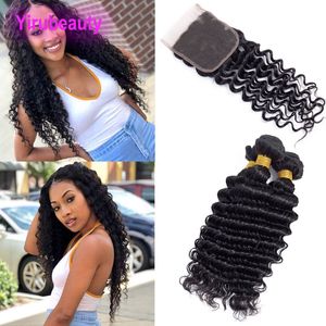 Indian Human Hair Deep Wave Three Bundles With Four By Four Lace Closure Deep Curly Mink Virgin Hair Extensions