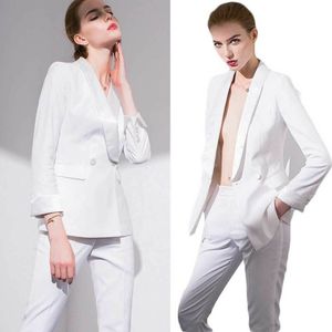 Sommer weiße Frauen Mutter der Braut Anzüge Slim Fit Arbeitsuniform tragen Damen formelle Party Abendgarderobe für Hochzeit (Jacke + Hose)