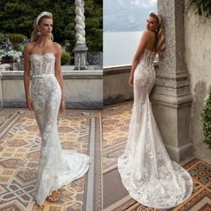 2020 Mermaid Gelinlik Straplez Boncuk Sequins Aplikler Dantel Gelinlikler Mahkemesi Tren Vestidos De Novia