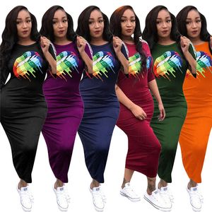 Kobiety Drukowane Suknie Letnie Krótki Rękaw Długie Suknie Plażowe Bodycon One-częściowa Spódnica Rainbow Lip Designer Dress Club Odzież Gorący Styl 2019
