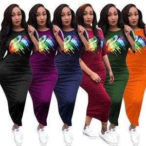 Damen bedruckte Kleider, Sommer, kurzärmelig, lange Strandkleider, figurbetont, einteiliger Rock, Regenbogen-Lippe, Designer-Kleid, Club-Kleidung, heißer Stil 2019