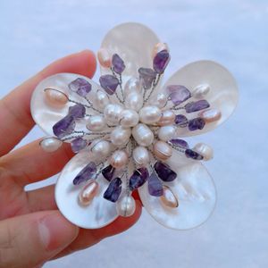 Handmade Jewelry Floral Brooch Amethyst and Freshwater Pearls Natural Mother of Pearl White Shell 5 Pieces