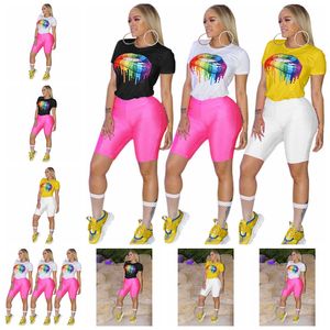 Explosion models European sexy fashion casual color lips digital printing sets of short-sleeved T-shirts support mixed batch