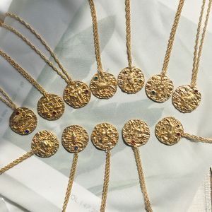 12 Collana con ciondolo costellazione Segno zodiacale Ciondolo disco moneta d'oro Collane zodiacali per uomo Donna Gioielli di dichiarazione con regalo color oro