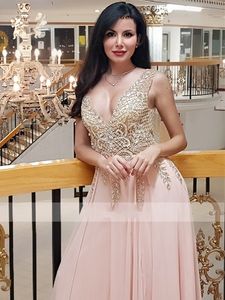 Gold Beaded Embroidery Evening Long Formal Dresses 2020 Sexy Deep V-neck V Open Back Chiffon Sheath Prom Dress Special Occasion Pageant Gown