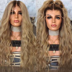 Handbunden vattenvåg ombre blond brun hårrötter brasilianska hår peruker cosplay ask blond syntetiska spets fram peruker för kvinnor