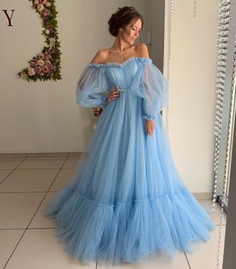 Lekkie Niebo Niebieskie Appliqued Prom Dresses Off The Ramię Długie Rękawy Suknie Wieczorowe Linia Plus Rozmiar Długość podłogi Tulle Sukienka Formalna