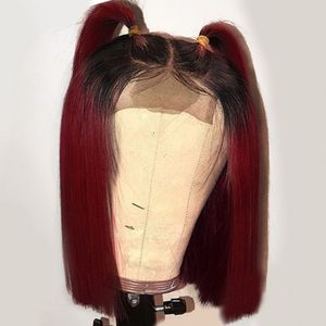 14 Zoll Teil kurzer gerader Bob Full Haar Perücken schwarze Ombre Burgund rot synthetische Spitzen -Vorderperücke für Afro -Frauen