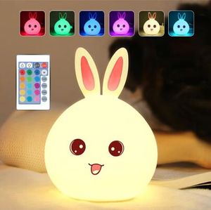 Cartoon Kaninchen LED Nachtlicht Fernbedienung Touch Sensor Bunte USB Silikon Hase Nachttisch Lampe Für Kinder Kinder Baby