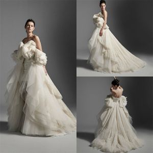 2020 modische Brautkleid Liebsten Appliqued Spitze Brautkleid ärmellos Tiered Röcke Hofzug Tüll Maß Robes De Mariée