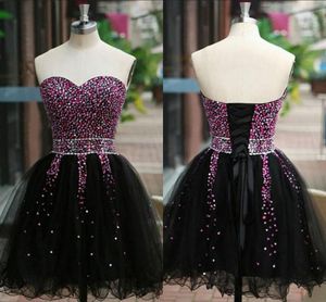 2020 New Prom Homecoming Dresses Beaded Crystal Strapless Piping Tulle A-line Cocktail Party Graduation Dress 8th Grade Cheap Open Back