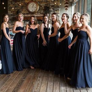 Sexy Cheap Dark Navy Chiffon Bridesmaids Dresses For Summer Western Weddings A Line Pleats Sweetheart Backless Long Maid of Honor Gowns