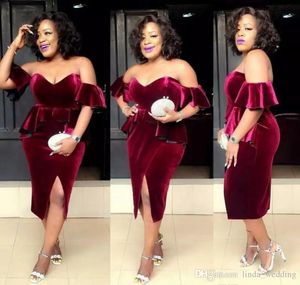 2019 Cheap African Burgundy Velvet Cocktail Dress Off Shoulder Short Semi Club Wear Homecoming Party Dress Plus Size Custom Make