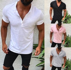 남성 T 셔츠 버튼 단색 유럽과 미국의 캐주얼 패션 슬림 V 넥 반팔 T 셔츠 캐주얼 의류 S-2XL