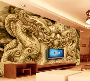 custom photo wallpaper Wood carving double dragon play beads embossed TV background wall