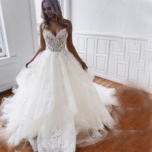 Beach Wedding Dresses With Lace Appliques Spaghetti Straps Ruffles Tiered Vestido De Novia Wedding Dress Cheap Sexy Backless Bridal Gowns