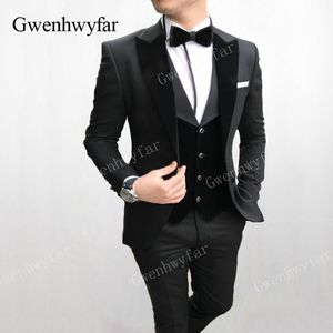 Gwenhwyfar Erkekler Düğün Takımları 2019 Yeni Kadife Yelek Custom Made Siyah Smokin 3 Parça Damat Terno Erkekler Için Suits (Ceket + Yelek + Pantolon)