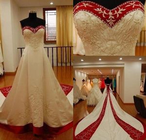 Kırmızı ve Beyaz Leke Nakış Gelinlik 2020 Vintage Sevgiliye Korse Dantel Boncuklu Gelin Gelinlikler vestidos Plus Size Dantel-up