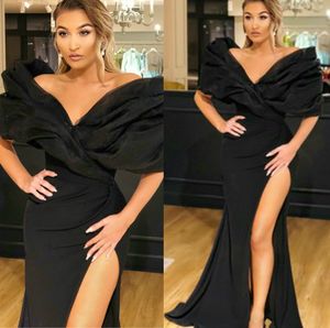 Sexy Black Prom Dresses V-Neck Krótki rękaw Wysoki Split Syrenka Suknie Wieczorowe Custom Made Sweep Pociąg Długa Formalna Party Suknia