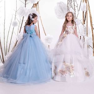 Classy Ball Gown Appliqued Flower Girl Dresses For Wedding Bateau Neck Tiered Toddler Pageant Gowns Floor Length Tulle Kids Prom Dress 407