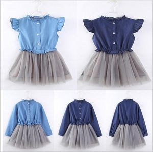 Kızlar Elbiseler Bebek Prenses Denim Elbise Yaz Butik Vintage Elbise Fly Sleeve Tutu Tül Elbiseler Tasarımcı Rahat Parti Dans Elbiseleri B6402