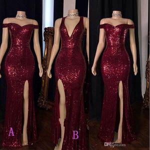 Sparkle Burgundy Sequins 2020 Evening Dresses Western Country Garden Split Side Prom Lokaler Reflekterande Party Dress BC3193