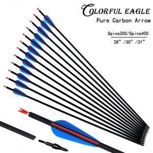 28/30/31 Inch Pure Carbon Arrows Spine 300 400 With 3 Inch Vane Field Points for Recurve Compound Bow Arrow Hunting Target Practice