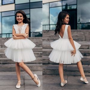 2020フラワーガールズドレスビーズハンドメイドフラワーレースの女の子Pageantドレスラッフルジュエルノースリーブ背中のティアルチュールパーティーガウンホットセル