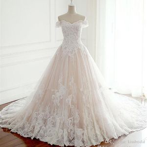 Sexy Einfache Schulterfreie Spitze A-Linie Brautkleider Applikation Sweep Zug Tüll Korsett Langes Hochzeitskleid Brautkleider Vestido de Novia