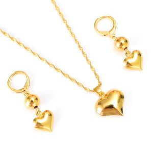 24 K Solid Gold GF lovely heart drop Earings pendant necklace Women Girls african Jewelry Party Cool Fashion beads kid gift
