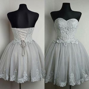 2019 Gorgeous Short Prom Dresses Sweetheart Sleeveless Silver Grey Lace Appliques Corset Back Tulle Formal Party Gowns Custom Made