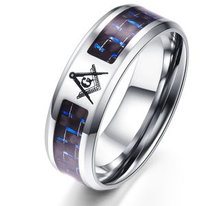 Högkvalitativ grossist i rostfritt stål Herrband Ring Blue Black Carbon Fiber Masonic Signet Freemason Rings Anpassade smycken 8mm bredd för män kvinnor