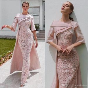 2020 Afryki Dubaj Suknie Wieczorowe z Cape Blush Pink Koronki Pal Pal Połowa Rękaw Formalna okazja Prom Dress Custom Made