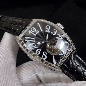 Ny Casablanca 8880 Burst Rostfritt Stål Svart Textur Ring Big Vit Nummer Automatisk Tourbillon Mens Watch Läder TidszoneWatch E19A1