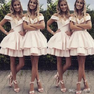 Cheap Sexy Short Bridesmaid Dresses off The Shoulder Satin Wedding Guest Dress Tiered Skirt A Line Homecoming Dress Girls Formal Wear