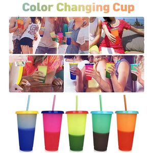Criativa Temperatura de Cor Mudando Summer Cup bebida garrafas de água de plástico Tumbler com tampas palhas copo T9I00374