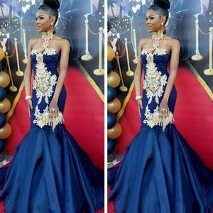 Royal Blue African Girl Prom Dresses Mermaid Satin Gold Lace Applique Beaded Halter Custom Made Evening Gowns Formal Ocn Wear