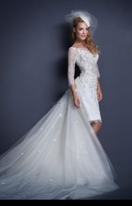 2019 New Lace Backless Wedding Dresses Sexy Jewel Neck 3/4 Long Sleeves Sheath Short Wedding Dresses with Detachable Train Two Pieces