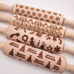 Christmas Embossed Rolling Pin Engraved Carved Wood Baking Cookies Biscuit Fondant Cake Dough Roller Reindeer Snowflake Decor