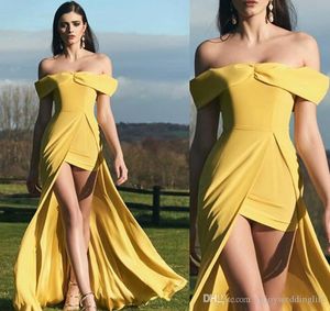 Giallo sexy incredibile da ballo formale abiti da spalle con abiti da festa corti mini di alta lunghezza ad alta divisione abiti da donna a buon mercato