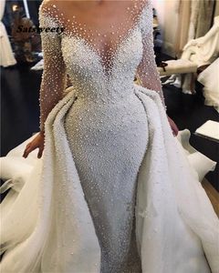 Luxury Full Pearl Beaded Mermaid Wedding Dresses With Detachable Train Vintage Long Sleeves Saudi Arabic Plus Size Bridal Gown