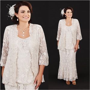 New Plus Size Mother of The Bride Dresses with Jacket Full Lace Scoop Neck Formal Wear Ankle Length Plus Size Groom Wedding Gown2614