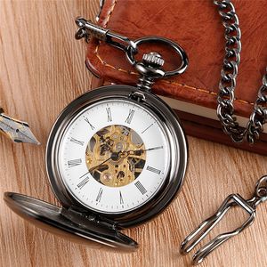 Steampunk Full Black Mechanical Hand Wind Pocket Uhr glatte Doppeljäger -Hülle Skelett Zifferblatt Anhänger Kette Männer Frauen Uhr Geschenk