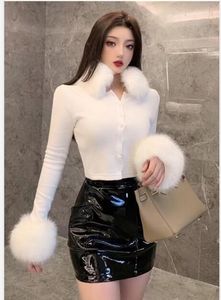 New Women's Sexy Bodycon Solid Color Faux Fox Fur Long Sleeve Knitted Single Breasted Sweater Shirt Cardigan Crop Top Short Knitwear
