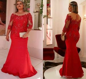 Elegancki Plus Size Mermaid Matka panny Młodej Suknie Z Rękawami Koronki Pełna Długość Przycisk Back Red Women Mom Formal Party Dresses 2020