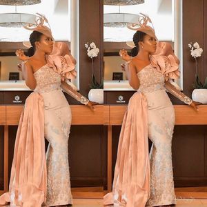 Aso Ebi Lace Beaded Sexy Prom Dresses One Shoulder Hand Made Flower Long Sleeve Evening Dress african Sexy Formal Party Dress