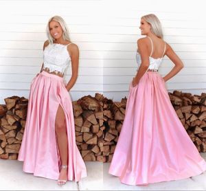 2020 Charmig Vit Rosa Prom Homecoming Dresses Spaghetti Square Lace Beaded Bridesmaid Evening Elegant Formell Klänning Med Pocket Graduation